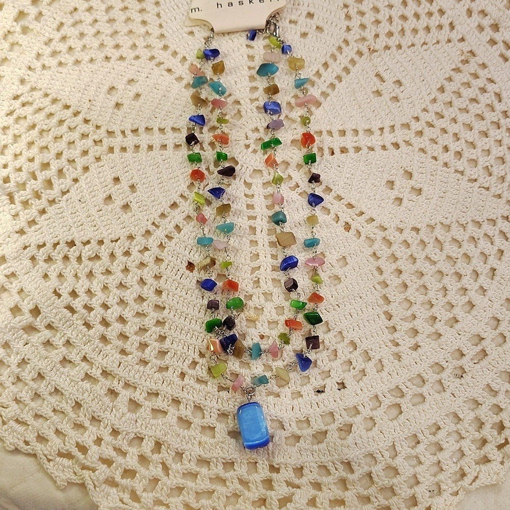 M. Haskell Multi Color Stone Double Strand Necklace Large Blue Stone NWT 8.5"